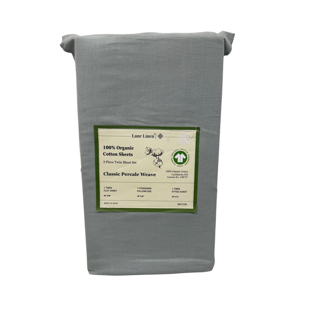 Lane Linen 100% Organic Cotton 3 Piece Twin Sheet Set Green Classic Percale New